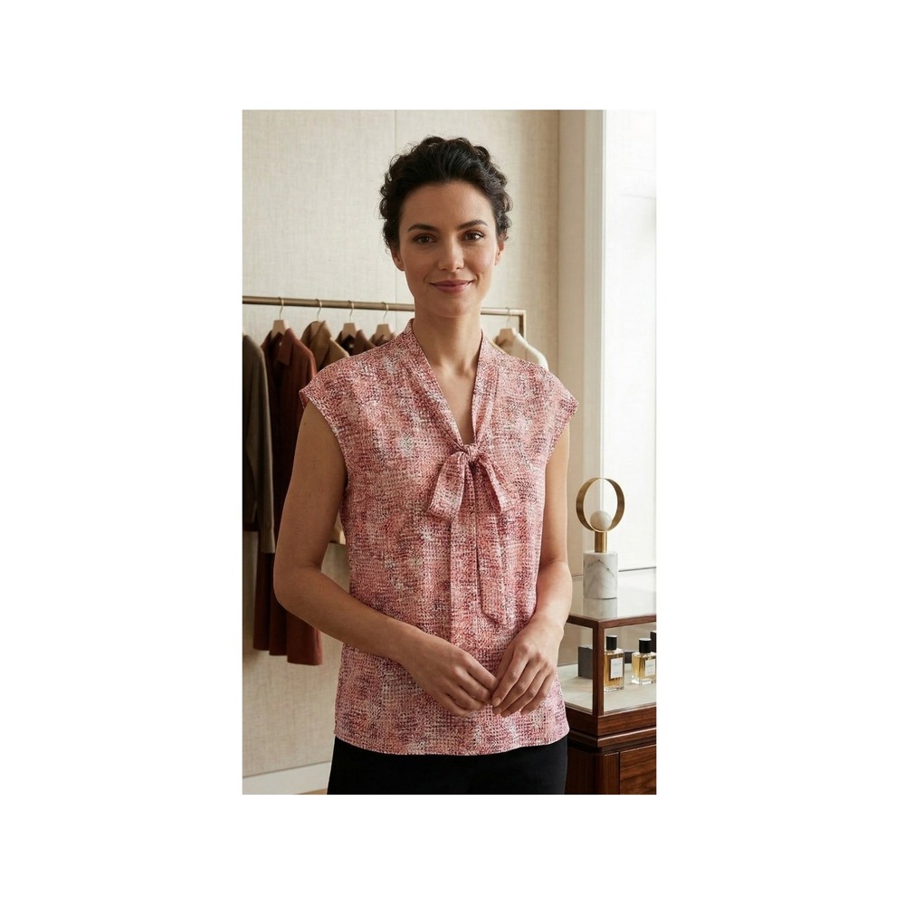Talbots Tie Neck Sleeveless Blouse Abstract Dot Pink White Size XL Stretch Boho‎